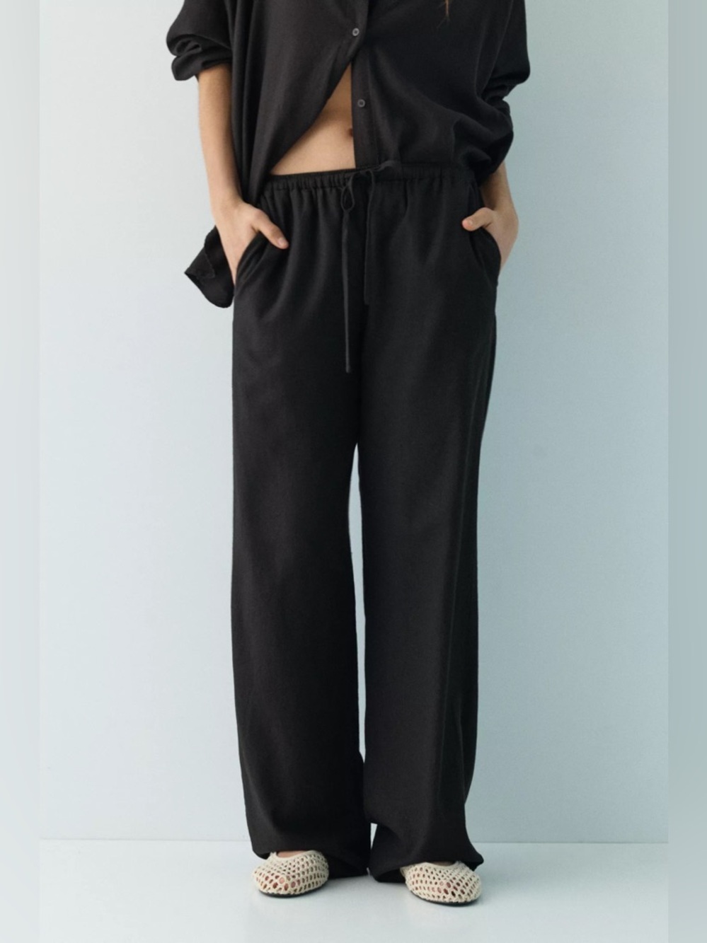 Pull&Bear Black Linen Blend Wide Leg Drawstring Pants Size Small